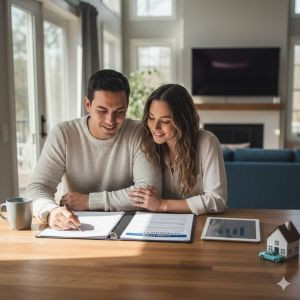Young couple looking over their insurance policy 300x300